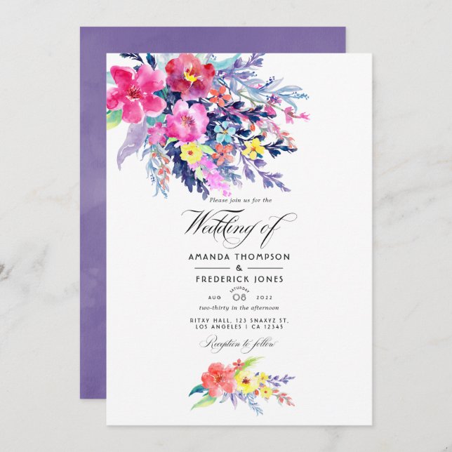 Colorful Watercolor Floral Spring Wedding Photo Invitation (Front/Back)