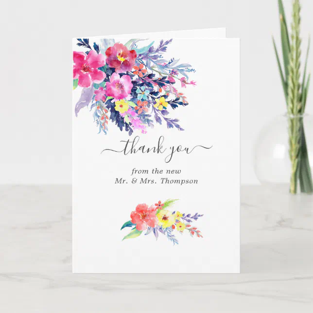 Colorful Watercolor Floral Spring Wedding Photo Thank You Card | Zazzle