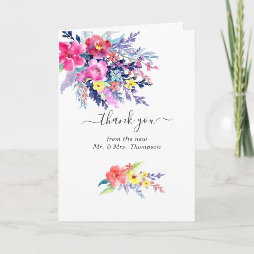 Colorful Watercolor Floral Spring Wedding Photo Thank You Card
