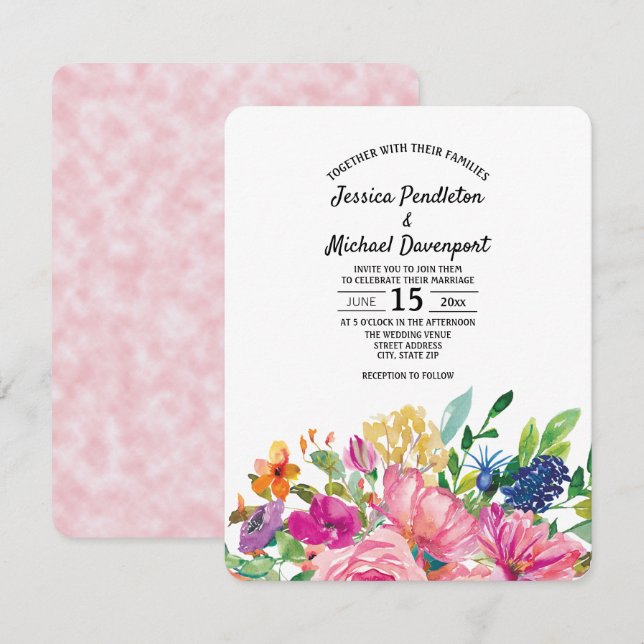 Colorful Watercolor Floral Square Wedding Invite (Front/Back)