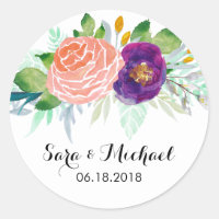 Colorful Watercolor Floral Wedding Classic Round Sticker