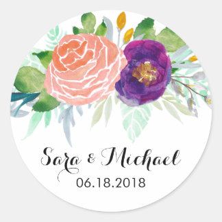 Colorful Watercolor Floral Wedding Classic Round Sticker