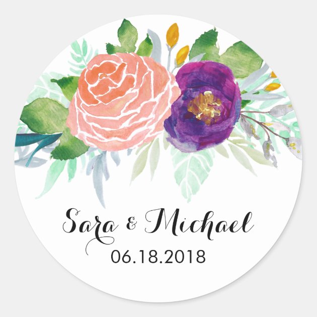 Colorful Watercolor Floral Wedding Classic Round Sticker