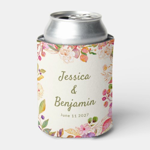 Colorful Watercolor Floral Wedding Custom Name Can Cooler