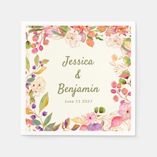 Colorful Watercolor Floral Wedding Custom Name Napkins