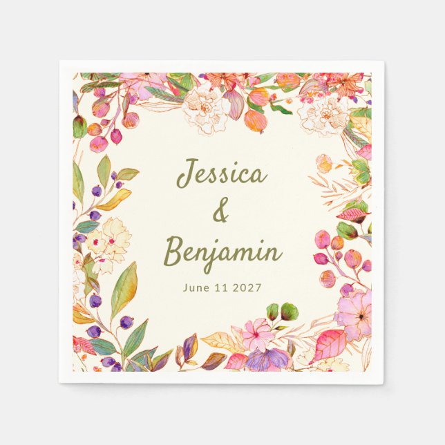 Colorful Watercolor Floral Wedding Custom Name Napkins (Front)