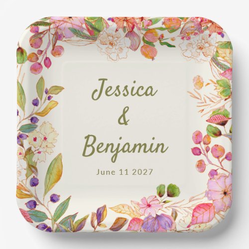 Colorful Watercolor Floral Wedding Custom Name Paper Plates