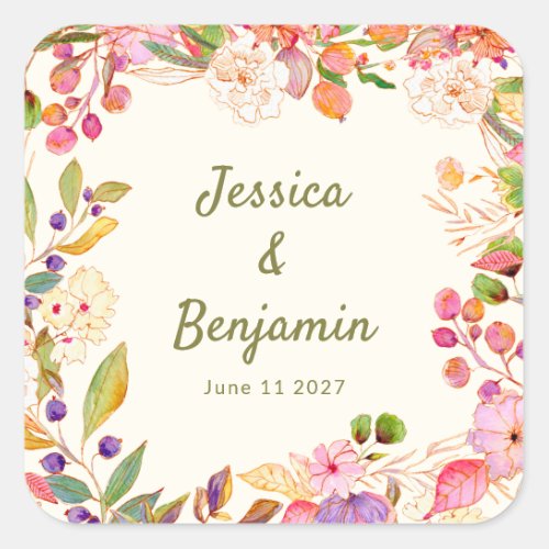 Colorful Watercolor Floral Wedding Custom Name Square Sticker