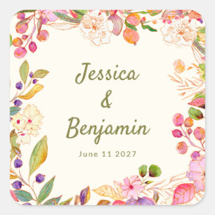 Colorful Watercolor Floral Wedding Custom Name Square Sticker