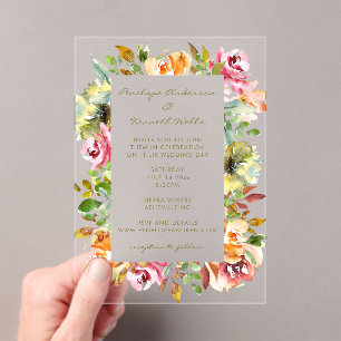 Colorful Watercolor Floral Wedding Earthy Boho Acrylic Invitations