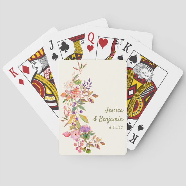 Colorful Watercolor Floral Wedding Favor Custom Poker Cards (Back)