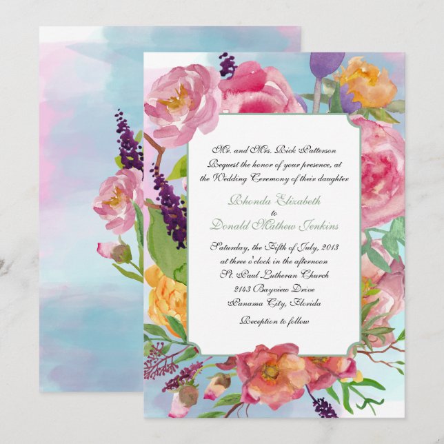 Colorful Watercolor Floral Wedding Invitation (Front/Back)