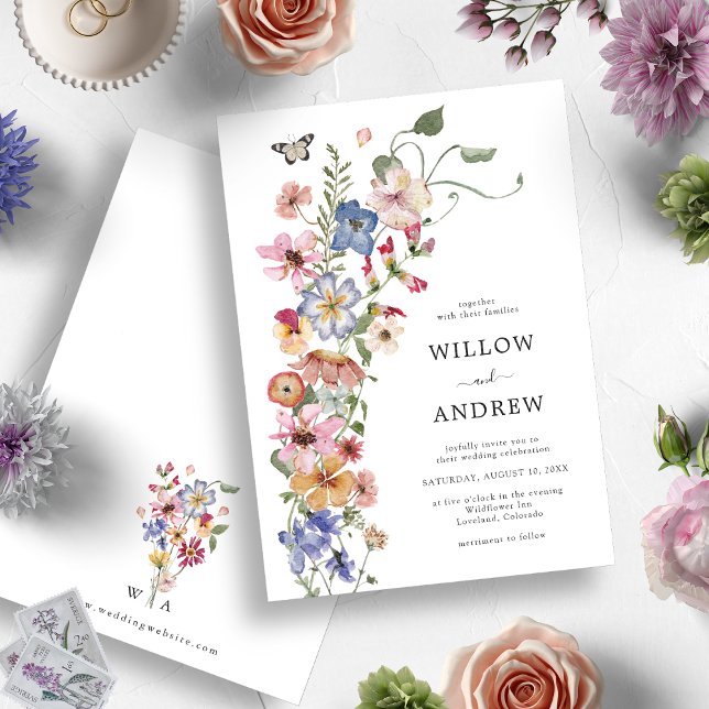 Colorful Watercolor Floral Wedding Invitation (Colorful Watercolor Wildflower with Monogrammed Back Wedding Invitation by Painted Paperie)