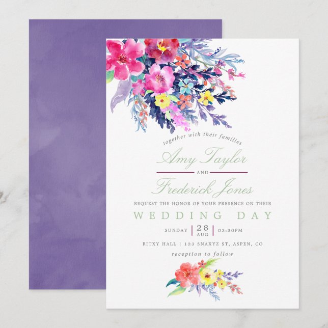 Colorful Watercolor Floral Wedding Invitation (Front/Back)