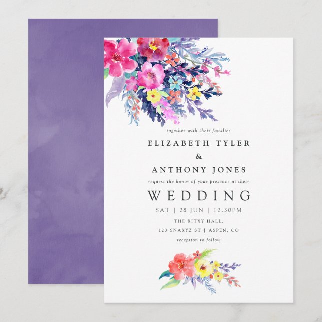 Colorful Watercolor Floral Wedding Invitation (Front/Back)