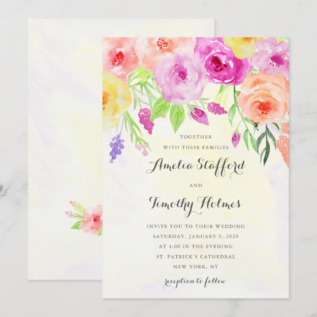 Colorful Watercolor Floral Wedding Invitation (Front/Back)