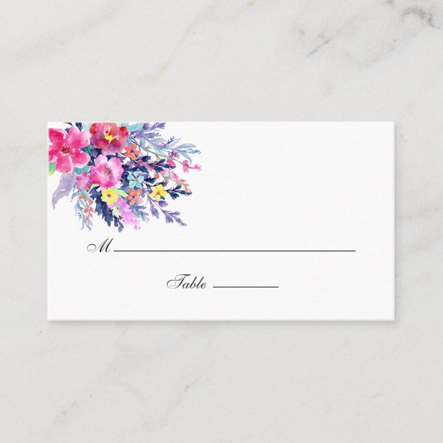 Colorful Watercolor Floral Wedding Place Card (Front)