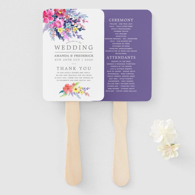 Colorful Watercolor Floral Wedding Program Hand Fan (Front and Back)