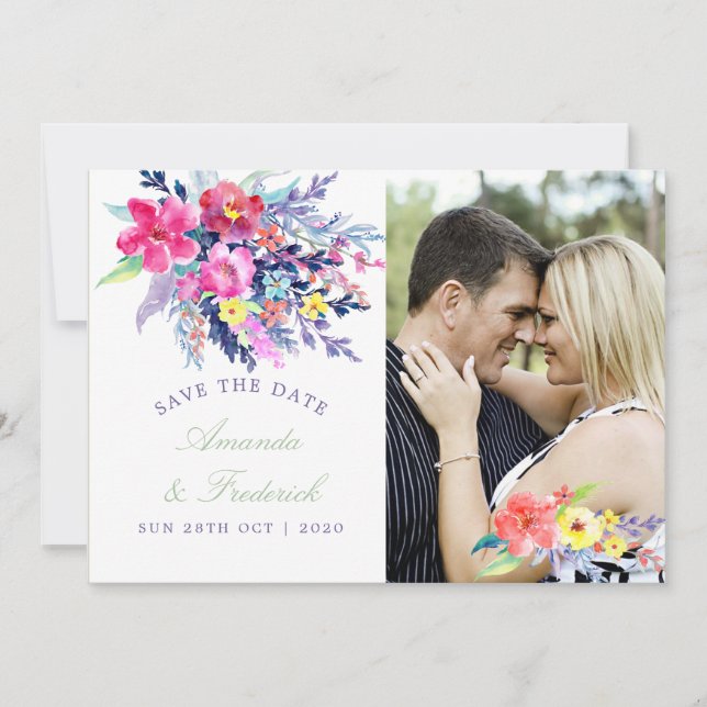 Colorful Watercolor Floral Wedding Save the Date (Front)