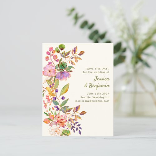 Colorful Watercolor Floral Wedding Save the Date Postcard