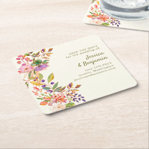 Colorful Watercolor Floral Wedding Save the Date Square Paper Coaster