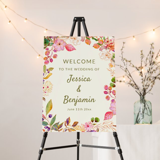 Colorful Watercolor Floral Wedding Welcome Sign (In Situ (Stand))