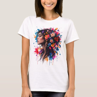 Colorful Watercolor Floral Woman Art T-Shirt