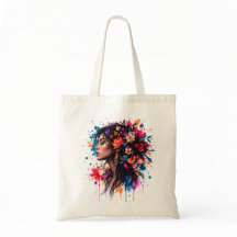 Colorful Watercolor Floral Woman Artistic Tote Bag