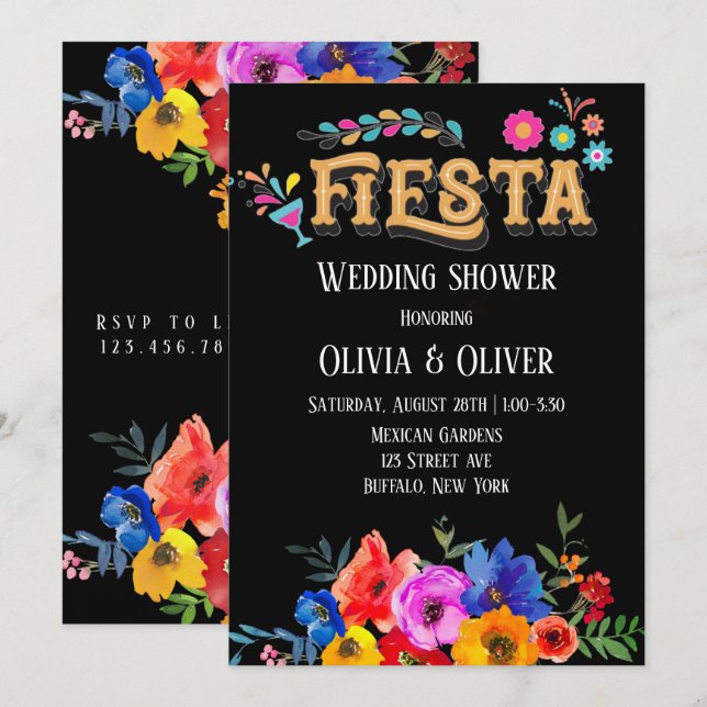 Colorful Watercolor Florals Fiesta Wedding Shower Invitation (Front/Back)