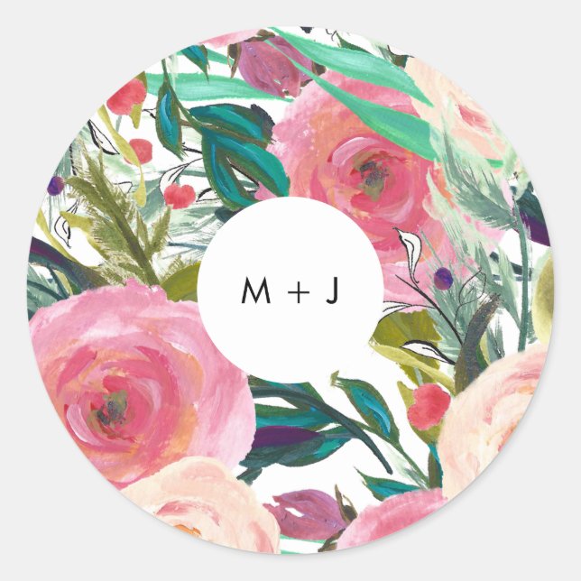 Colorful Watercolor Flower Garden Wedding Classic Round Sticker (Front)