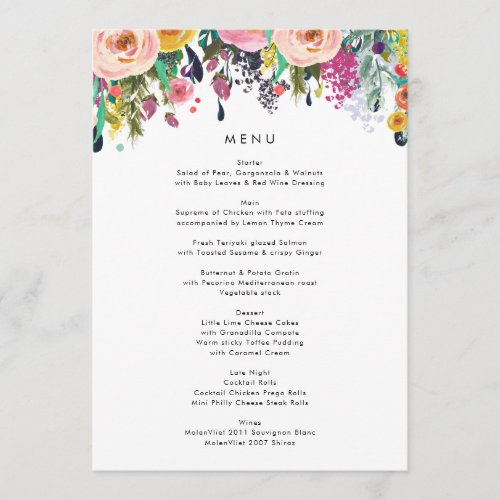 Colorful Watercolor Flower Garden Wedding Menu