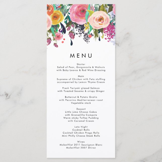 Colorful Watercolor Flower Garden Wedding Menu (Front)