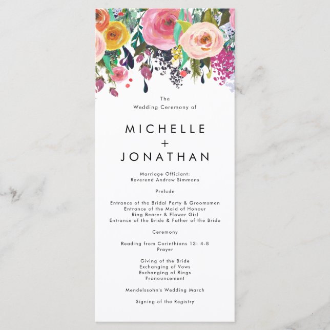 Colorful Watercolor Flower Garden Wedding Program (Front)