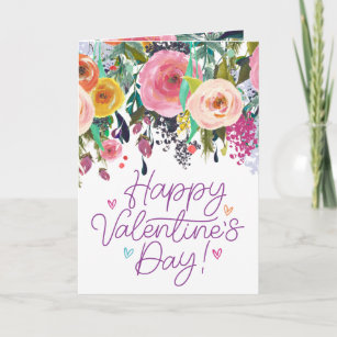 Colorful Watercolor Flower   Happy Valentine's Day Card