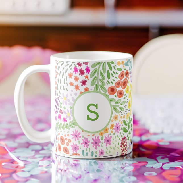 Colorful Watercolor Flower Pattern Spring Monogram Coffee Mug (Creator Uploaded)