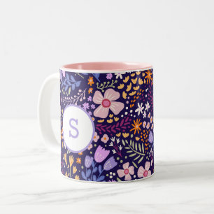 Colorful Watercolor Flower Pattern Spring Monogram Two-Tone Coffee Mug