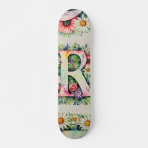 Colorful Watercolor Flower Personalized Monogram R Skateboard