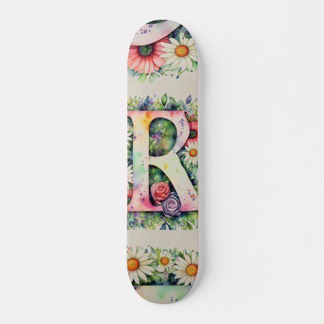 Colorful Watercolor Flower Personalized Monogram R Skateboard (Front)