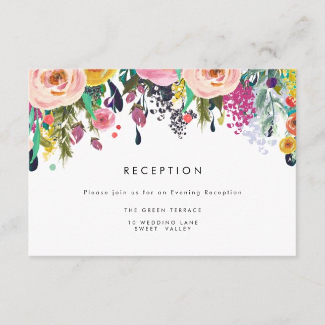 Colorful Watercolor Flower Wedding Reception Card (Front)