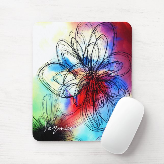 Colorful Watercolor Flowers Abstract Signature Mouse Pad (With Mouse)