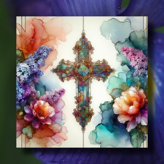 Colorful Watercolor Flowers And Easter Cross Holiday Card (Creator Uploaded)