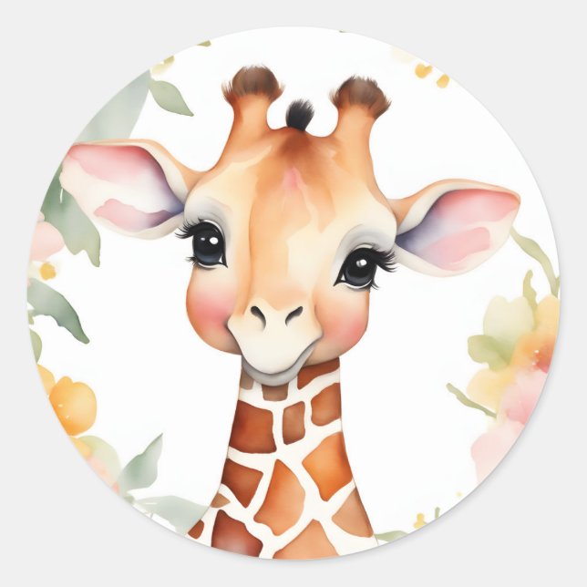 Colorful Watercolor Flowers And  Giraffe Classic Round Sticker (Front)