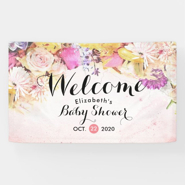 Colorful Watercolor Flowers Baby Shower Welcome Banner (Horizontal)