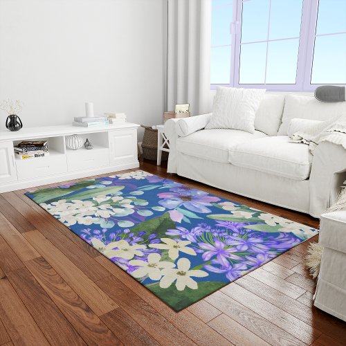Colorful watercolor flowers blue contemporary area rug