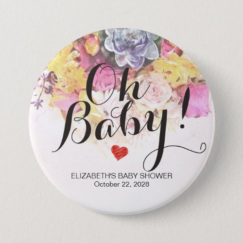 Colorful Watercolor Flowers Botanical Baby Shower Button