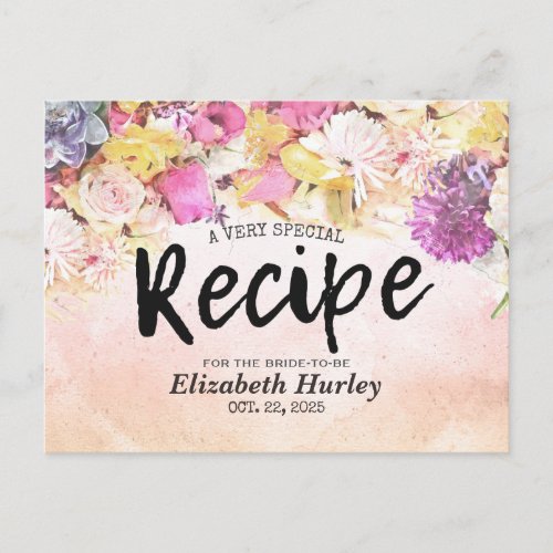 Colorful Watercolor Flowers Bridal Shower Recipe Invitation Postcard