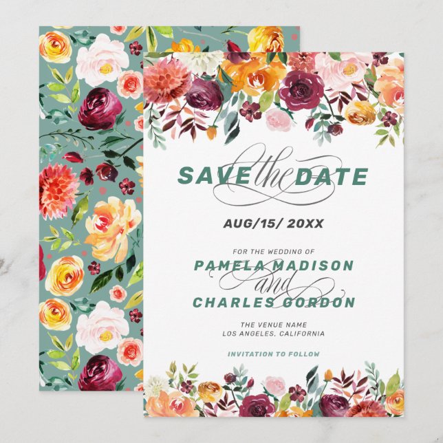 Colorful watercolor flowers & calligraphy accent invitation (Front/Back)