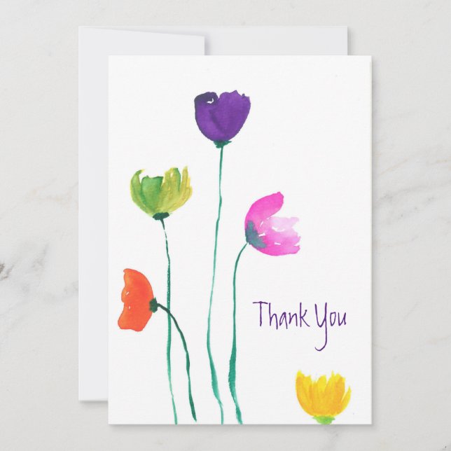 Colorful Watercolor Flowers Flat Thank You Card (Front)