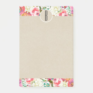 Colorful Watercolor Flowers Kraft Monogram Initial Post-it Notes