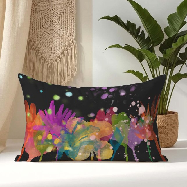Colorful Watercolor Flowers on Black Lumbar Pillow (Creator Uploaded)
